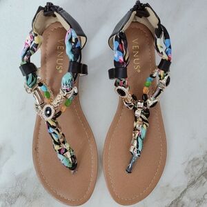 Venus Embellished Rope T-Strap Thong Sandals Black Multicolor, Sz 8